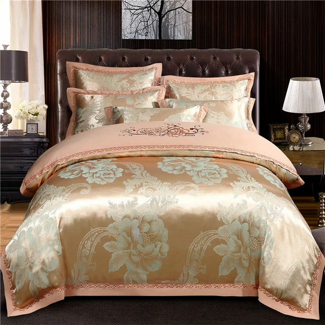 Home Decor Golden Floral Satin Jacquard Embroidery Cotton Bedding Set 3 Home Decor Golden Floral Satin Jacquard Embroidery Cotton Bedding Set
