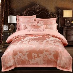 Home Decor Golden Floral Satin Jacquard Embroidery Cotton Bedding Set