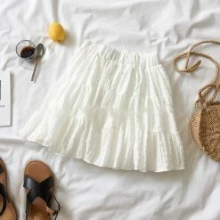 Apparel White Beige Ruffles Elastic High Waist Mini Skirt